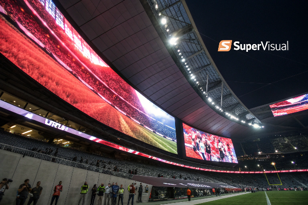 Giant LED display screens illuminate stadium interior with vibrant red visuals during nighttime sports event