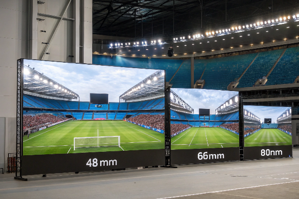 Three LED displays showing stadium scene with different pixel pitches of 48mm, 66mm, and 80nm