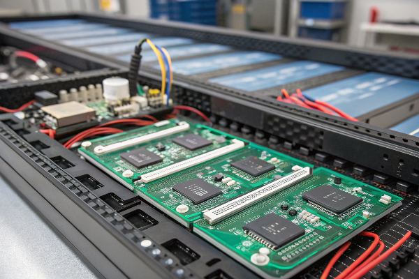 Detailed view of LED display control system circuit boards with chips and wiring components